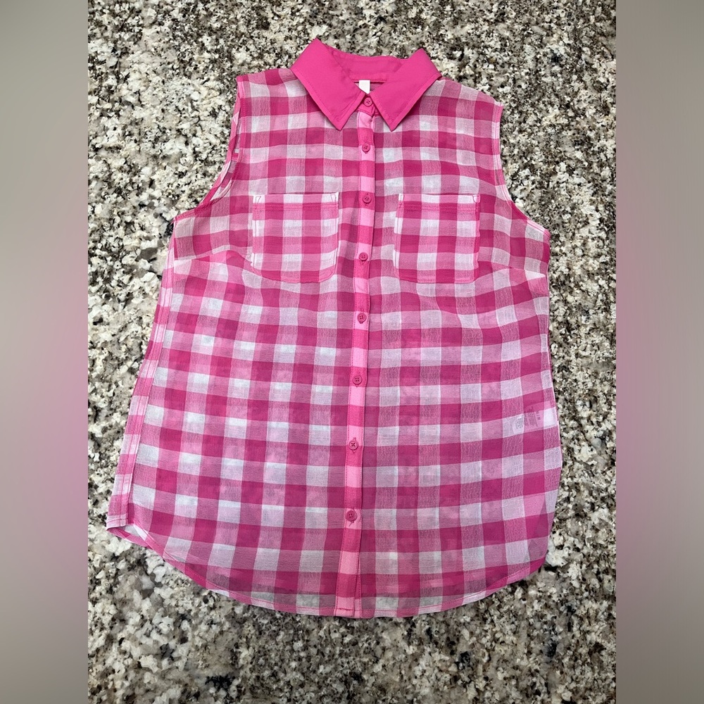 Aeropostale, Pink/White Gingham, Button Down,  Sleeveless, Blouse, Medium